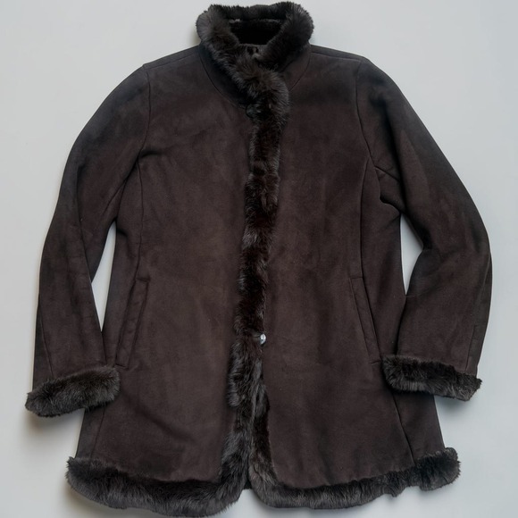 Dana Buchman Jackets & Blazers - Dana Buchman Faux Suede Coat L Brown Genuine Fur Trim Winter Jacket Luxe Elegant
